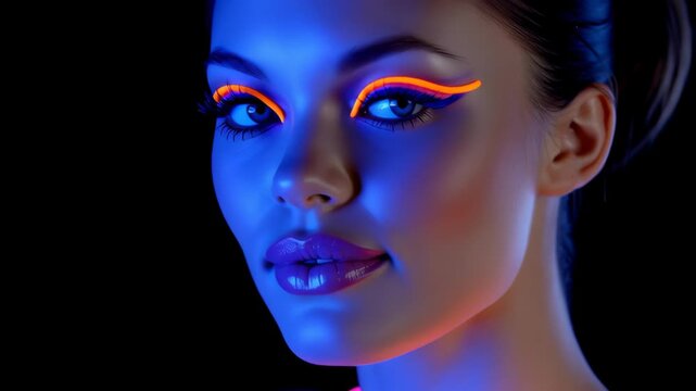 Neon eye makeup blue lighting portrait woman profile glowing eyeliner halloween neon party mood vibrant makeup dramatic blue light glamour lip gloss