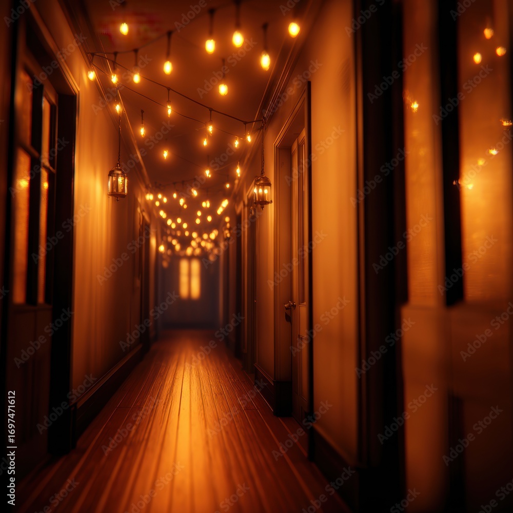 Aufkleber warmly lit corridor adorned with string lights, creating a cozy atmosphere in a tranquil setting