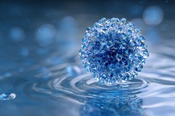 Close-Up View of a Blue Water Droplet Sphere on Calm Water Surface Creating Ripple Effects