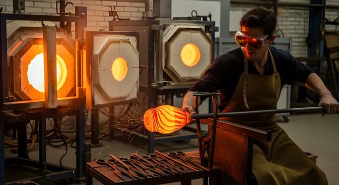 Glassblower Shaping Molten Glass with Tools in Workshop with Furnaces