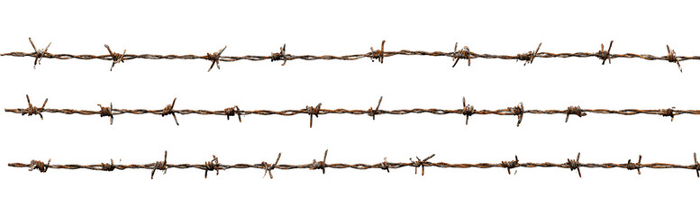 Three rows of rusty barbed wire against a black background