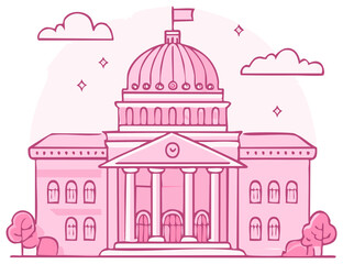 Whimsical Government Capitol Building Doodle Style Illustration with Clouds and Stars Pink Color Palette