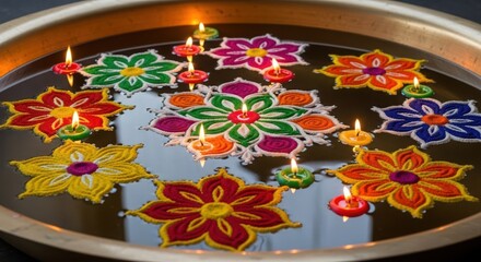 Floating flower rangoli with lit diyas in a brass bowl, celebrating the indian festival of lights, diwali