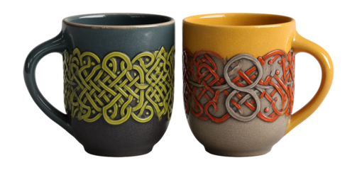 Colorful Ceramic Mugs with Intricate Celtic Knot Designs