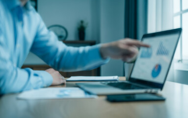 Fototapeta premium Man pointing at laptop screen displaying charts indoors near window.