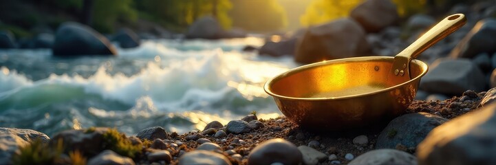 A lone gold pan sits nestled amongst glistening rocks near a rushing river, ready for the next gold mining expedition  The sun glints off the water and the potential for riches ,  rough,  placer
