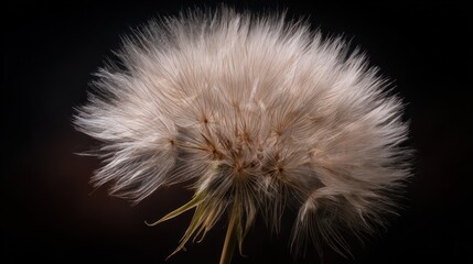 Close-up of a fluffy, off-white seed head against a dark background, showcasing delicate, wispy filaments radiating from a central core with visible brown seed stalks