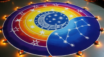Intricate rangoli design with celestial theme, moon, stars, and constellations for night celebration
