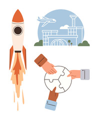 Rocket launching, hands connecting puzzle pieces, airport with airplane taking off. Ideal for teamwork, innovation, problem-solving, travel, partnership progress global connection. Simple flat
