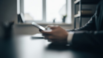 Fototapeta premium Person in suit uses a tablet device indoors near a window and shelving.
