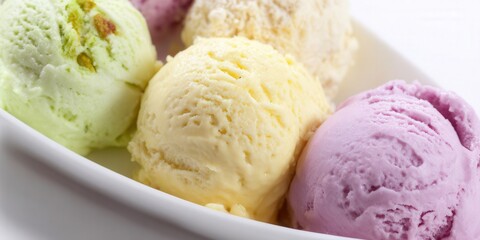 A close up shot of various ice cream flavors in a white bowl.