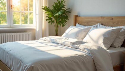 A neatly made bed with crisp white sheets and pillows, sunlight streaming through a window , cozy, sleep