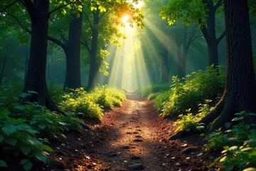 A network of branching footprints in soft, damp earth, leading into a mysterious forest  The path diverges, hinting at choices and journeys  Sunlight filters through the trees ,  damp,  exploration