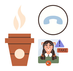 Steaming coffee cup, phone receiver, and facial recognition warning with fake label. Ideal for AI ethics, technology awareness, communication, media trust, digital security, office life simple flat