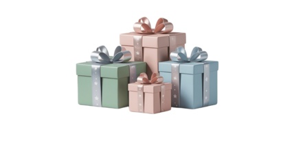Stack of beautifully wrapped gift boxes with satin ribbons, evoking a sense of anticipation and delight.