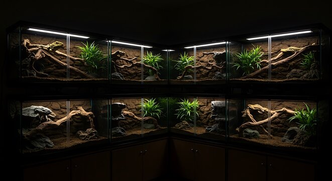 暗闇に浮かび上がる６つの爬虫類ケージ　室内飼育環境