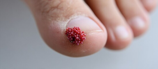 Close-up of a human toe, showing a cluster of small, red, wart-like growths