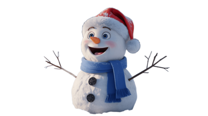 A cheerful snowman wearing a Santa hat, scarf, and arms.