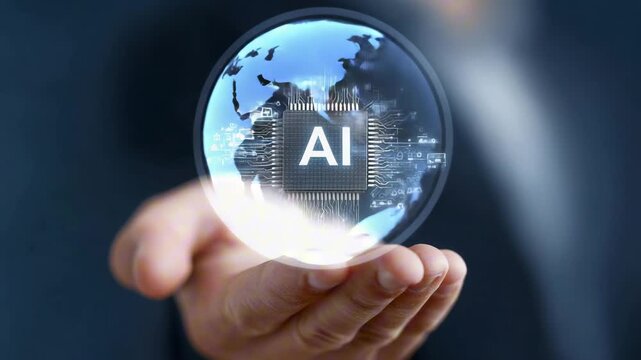 A man is holding a globe with the word AI ethics written. The globe is surrounded by AI robotic,Concept of the importance of ethical AI and the responsibility of those who create and use it