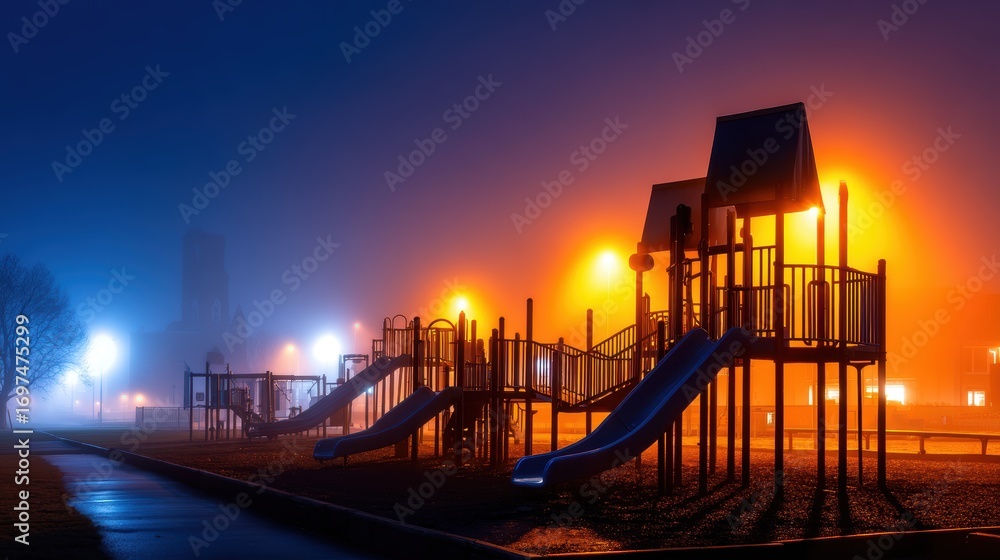 Poster foggy playground scene at night with illuminated slides and structures, creating a mysterious atmosp