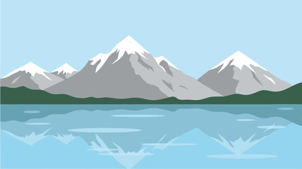 Snow-Capped Mountain Range with Clear Lake Reflection and Blue Sky for Nature, Travel, and Landscape Design Projects