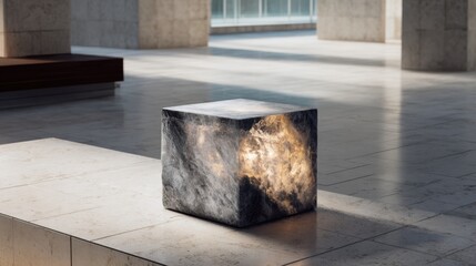 Modern illuminated stone cube displaying intricate patterns and textures in contemporary architectural space