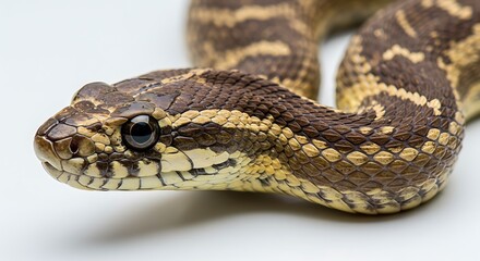 Fototapeta premium 美しいヘビのクローズアップ写真 白背景の上で横たわる茶色と黄色の縞模様のヘビ