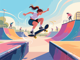 Flat Design of Skateboarder Jumping Over Gap at Skatepark - Flat 2D Vector Illustration