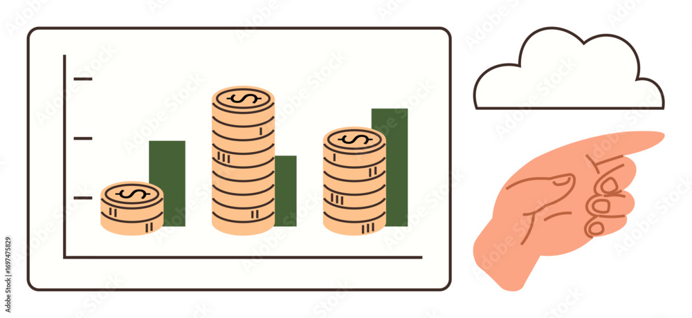 Poster bar chart with stacked coins indicates financial growth, next to a hand pointing at a cloud. ideal f