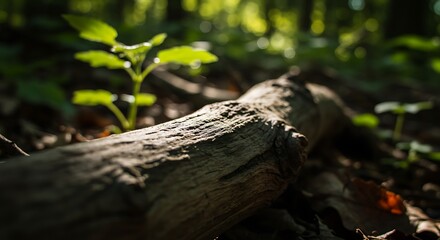 Fototapeta premium 新緑の森林 朽ち木と芽生えの生命力 低角度自然写真