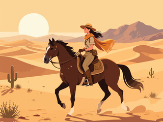 Flat Design of Adventurer Riding Horse Across Desert Landscape - Flat 2D Vector Illustration
