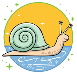 Happy cartoon snail with big spiral shell moving through blue water under sunny yellow sky