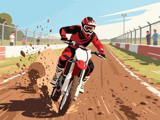 Flat Design of Motocross Rider Racing on Straight Dirt Track - Flat 2D Vector Illustration