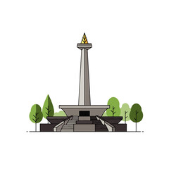 Fototapeta premium Illustration of the Monas monument in Jakarta, Indonesia, surrounded by trees and a staircase leading up to its base.