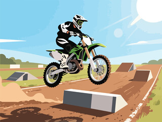 Flat Design of Motocross Rider Jumping Over Obstacle - Flat 2D Vector Illustration