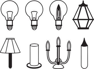 Collection of diverse lighting fixture icons featuring bulbs lamps and chandeliers