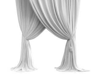 Folded, light gray curtains, draped open