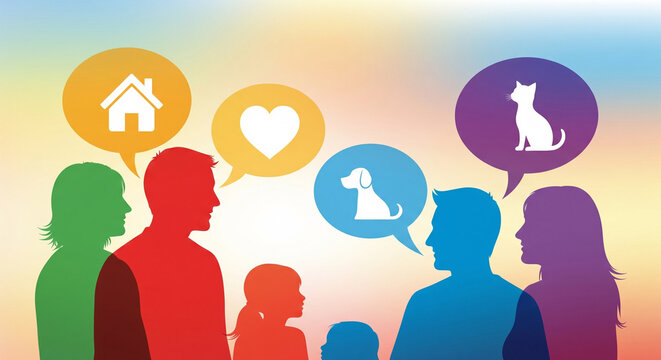 Family members with various opinions on pet ownership and love for animals at home. Suitable for pet product advertisements and family diversity concepts.