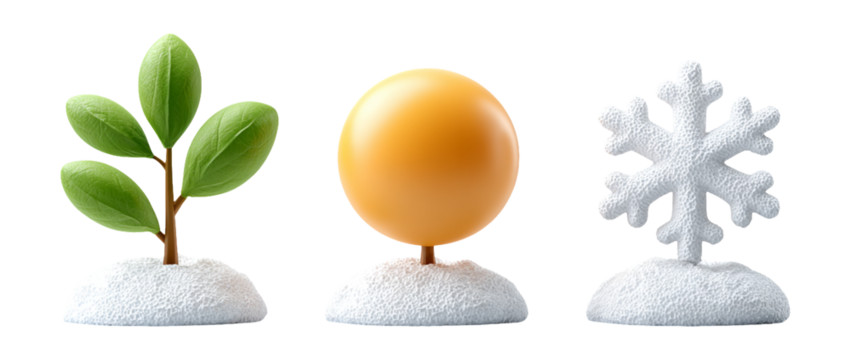 Minimalist Design of Plant, Ball, and Snowflake on White Background