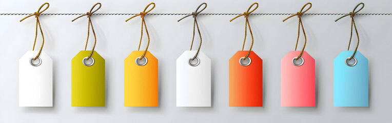Colorful gradient metallic gift tags hanging on golden thread