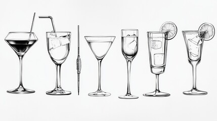 Obraz premium Luxurious drink collection showcases a variety of cocktails and beverages arranged on a white background