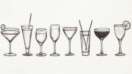 Collection of various cocktail glasses illustrated with details showcasing different drinks and garnishes