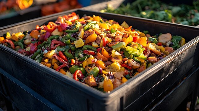 Chopped vegetables, a colorful mix of peppers and roasted roots, overflow from a crate, offering culinary possibilities and fresh ingredients. Recycle waste background.