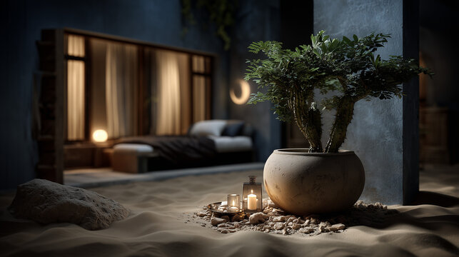 A Modern Room with a Potted Cactus and Candles in a Desert Setting - Powered by Adobe