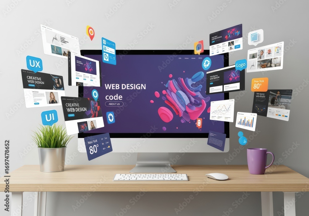 Fototapete Digital desktop with computer showing creative web design concepts