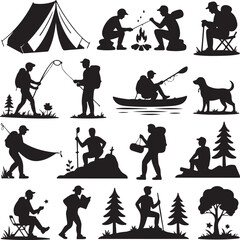 Diverse Silhouettes of Outdoor Activities and Nature Scenes Keywords: camping, hiking, tent