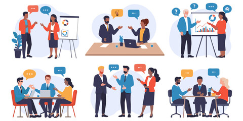 Diverse business team collaborating during meetings, brainstorming ideas, and presenting data analysis in modern office environments for professional growth