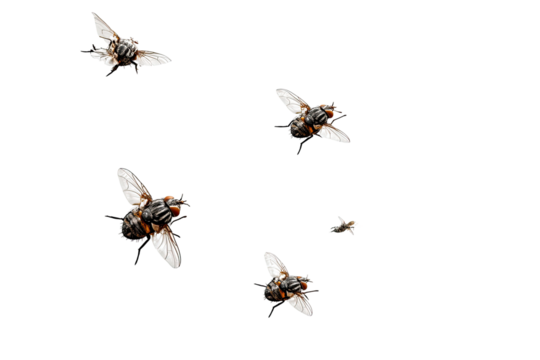 Several flies in flight against a black background.  Different sizes and angles