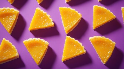 Geometric arrangement of mini lemon tarts on vibrant purple background