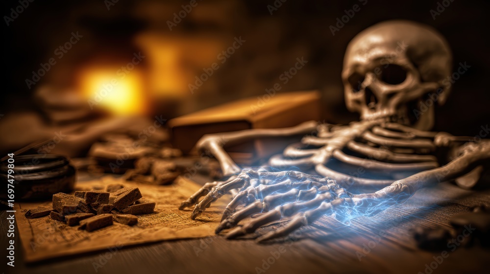 Poster a skeletal figure resting on an ancient map, illuminated by a warm glow in a mysterious setting